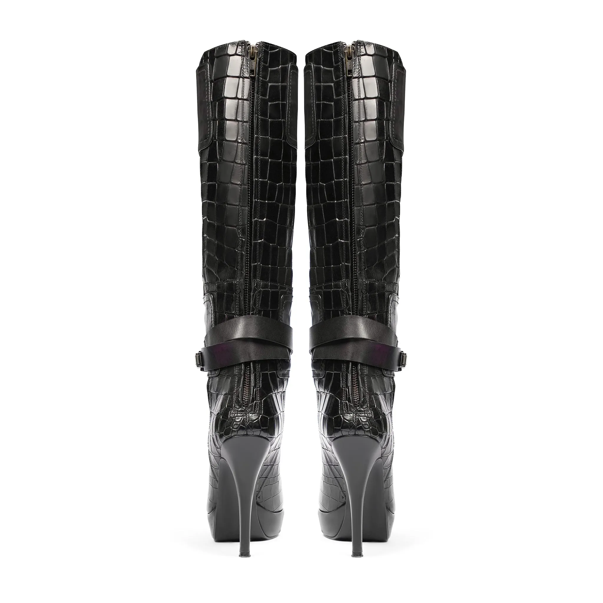 Agueda - Ladies Black Printed Crocodile Calf Leather Long Boot