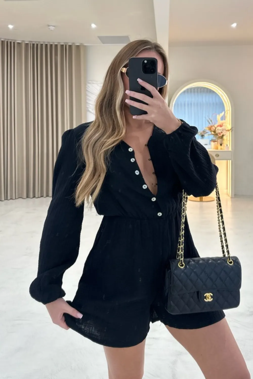 Esme black cheesecloth linen playsuit