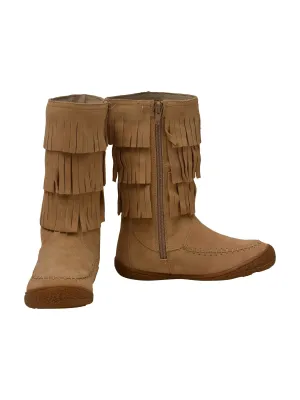 Girls Sand Tiered Fringed Side Zip Suede Leather Mid Boots 7 Toddler-4 Kids