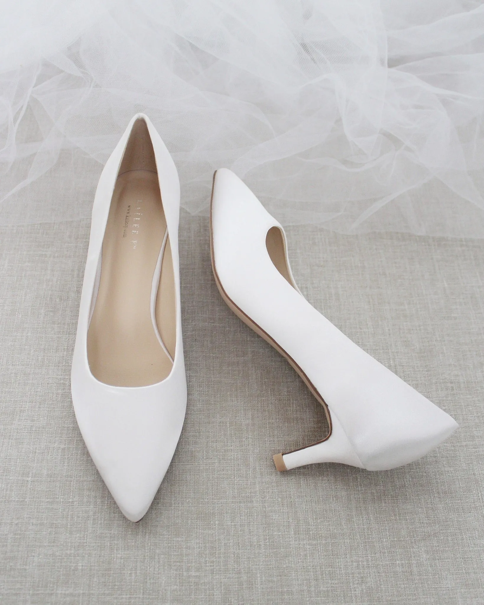 JOSKAA 2024 New Fashion High Heel White Satin Pointy Toe Pump Low Heel