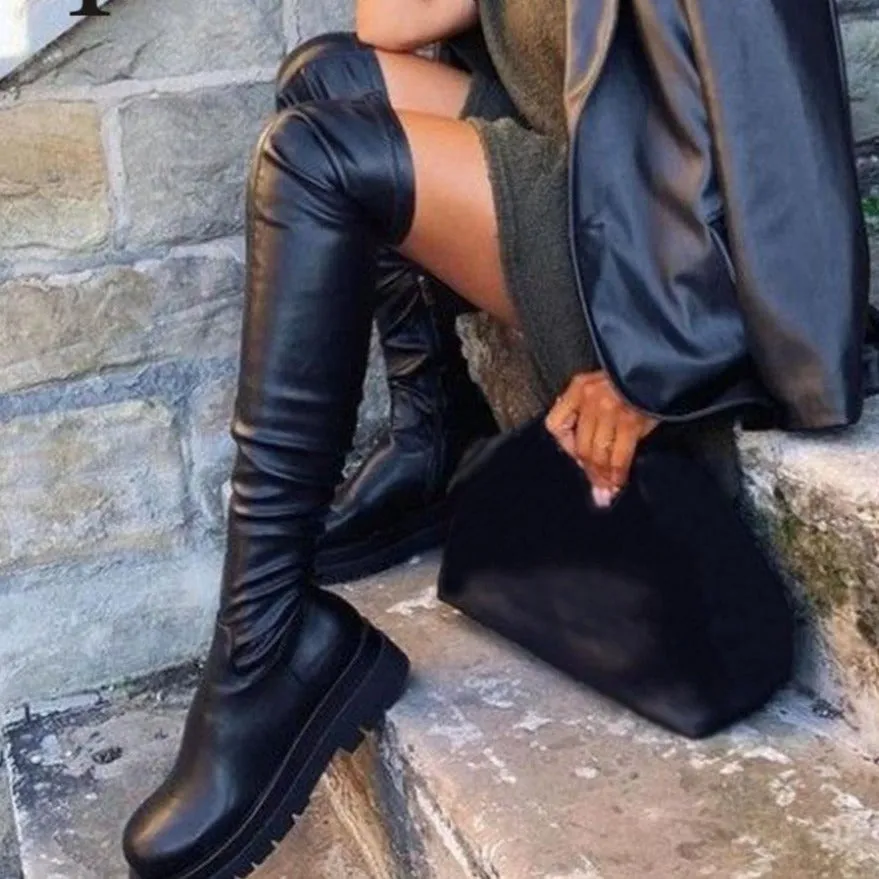 PU Leather Chunky Thigh High Boots Heels/Over The Knee Boots Women Shoes