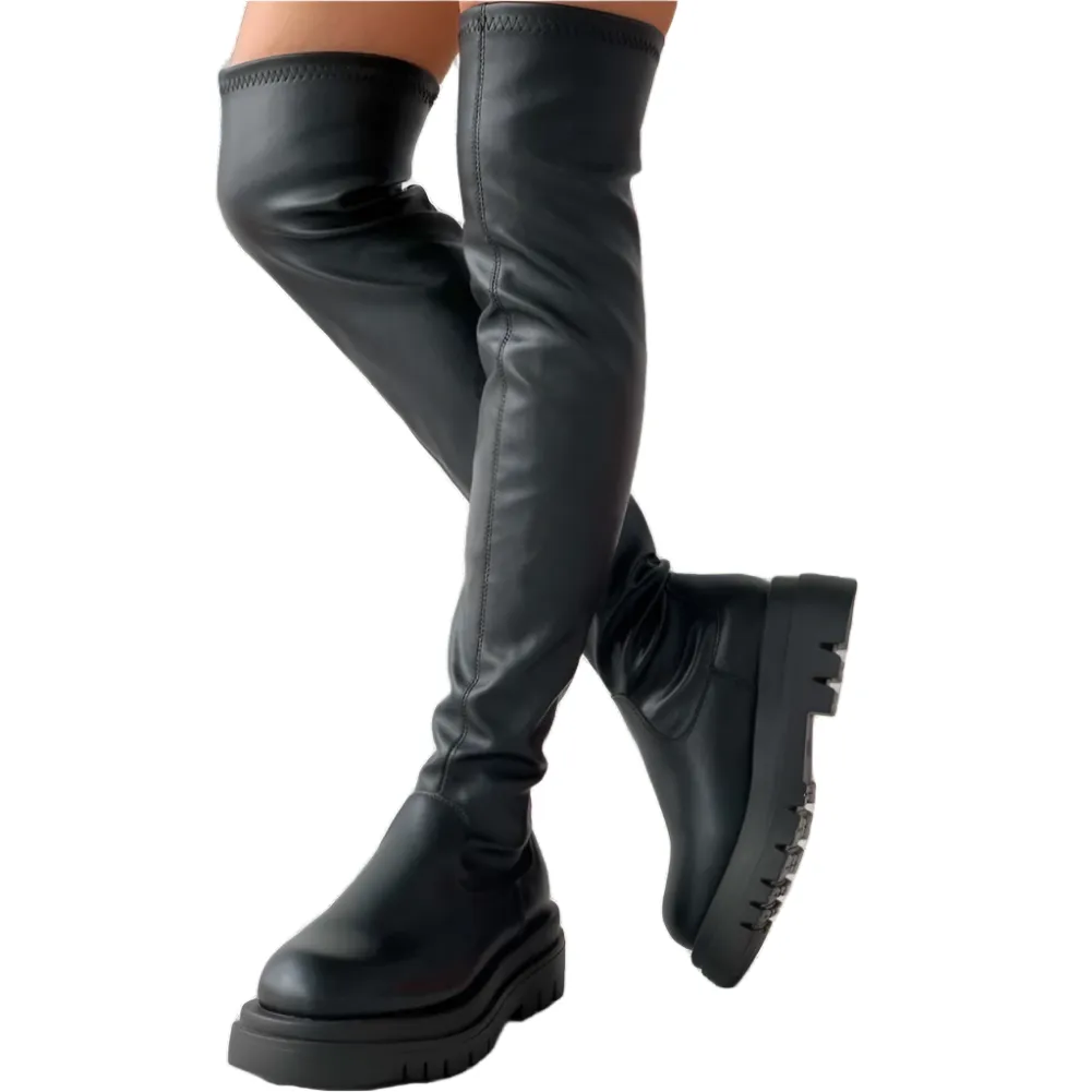 PU Leather Chunky Thigh High Boots Heels/Over The Knee Boots Women Shoes