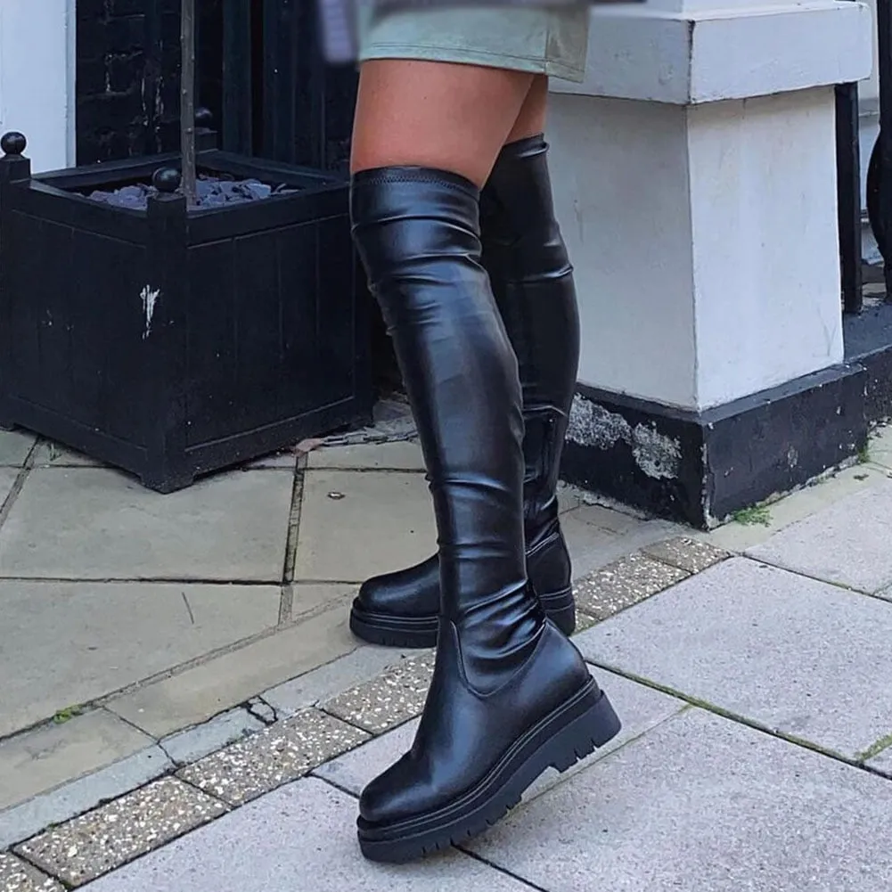 PU Leather Chunky Thigh High Boots Heels/Over The Knee Boots Women Shoes
