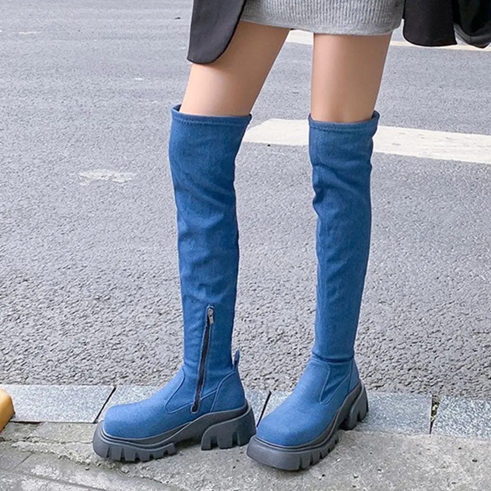 PU Leather Chunky Thigh High Boots Heels/Over The Knee Boots Women Shoes