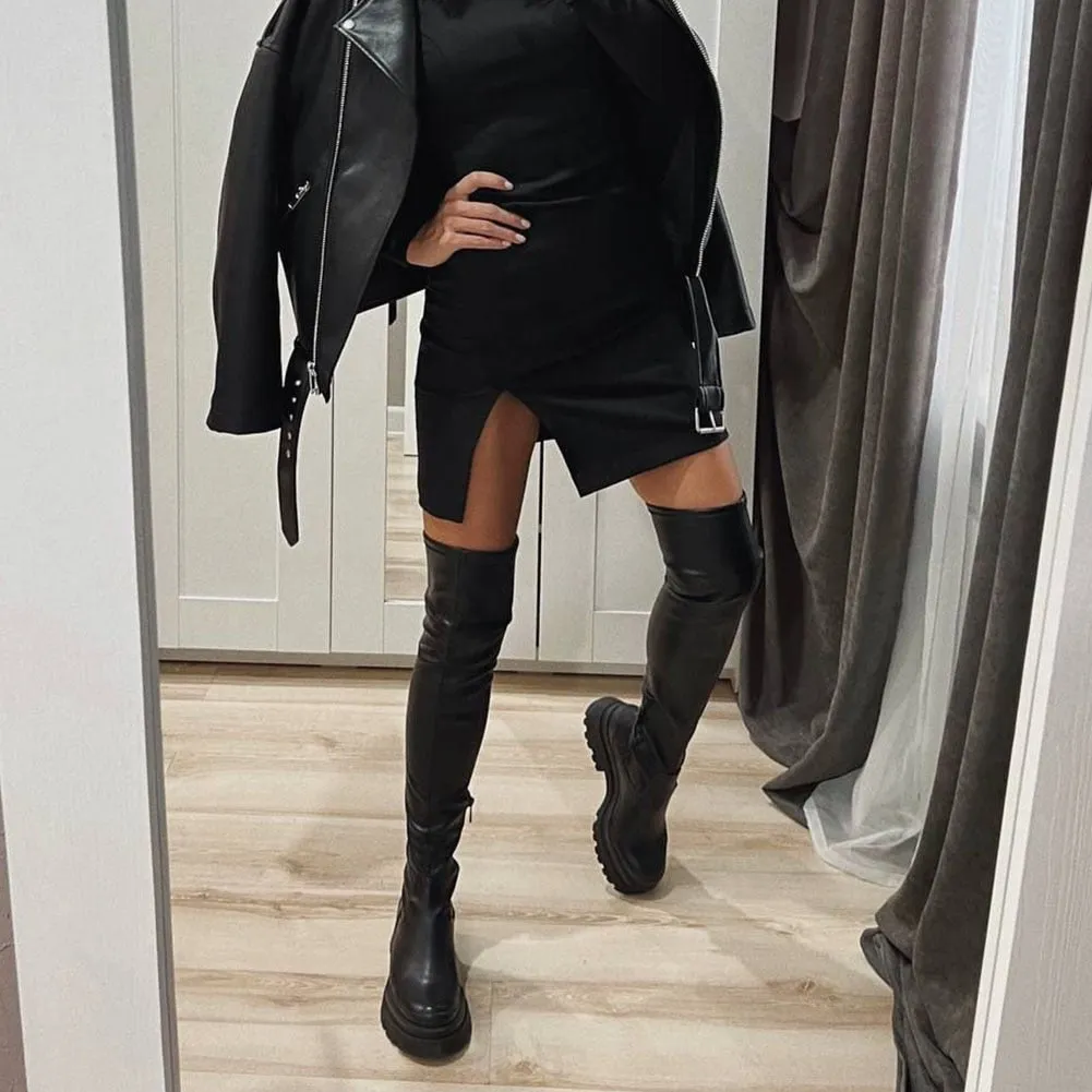 PU Leather Chunky Thigh High Boots Heels/Over The Knee Boots Women Shoes