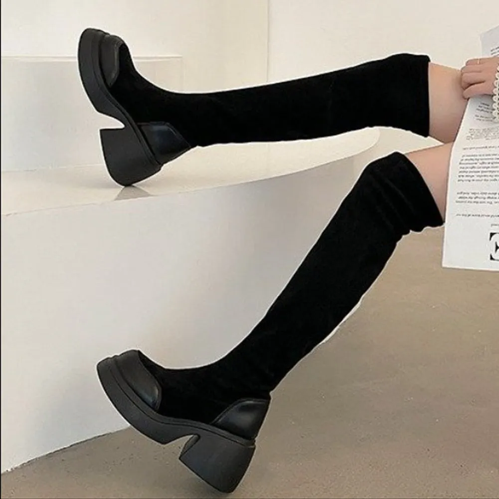 PU Leather Chunky Thigh High Boots Heels/Over The Knee Boots Women Shoes