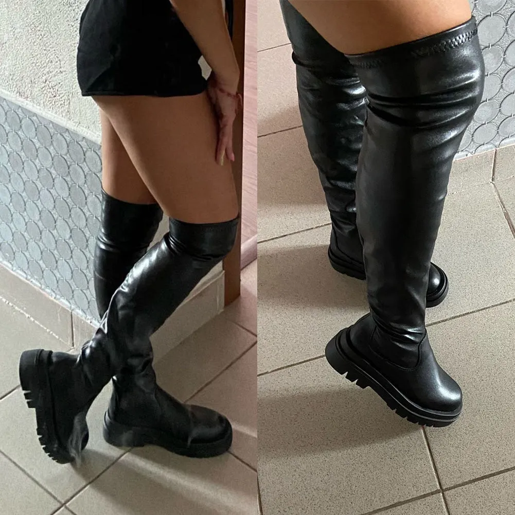 PU Leather Chunky Thigh High Boots Heels/Over The Knee Boots Women Shoes