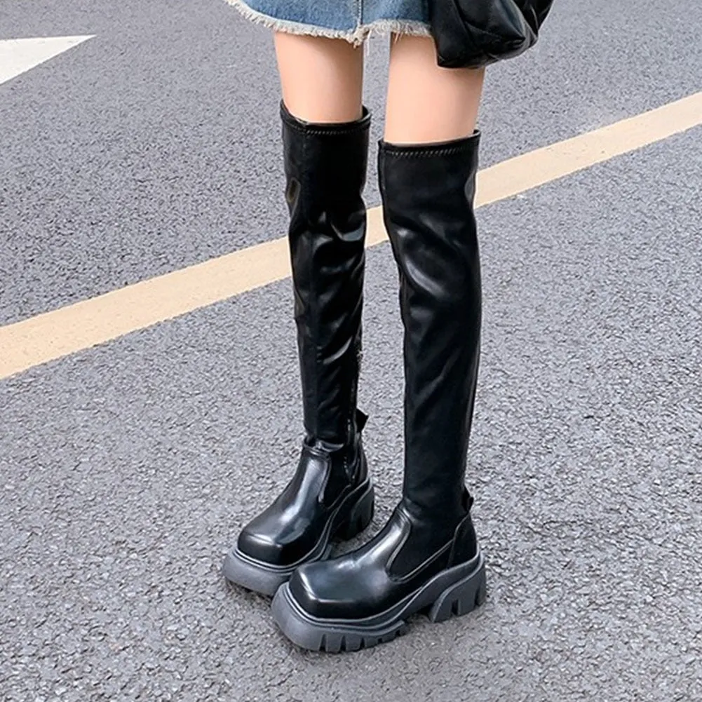 PU Leather Chunky Thigh High Boots Heels/Over The Knee Boots Women Shoes