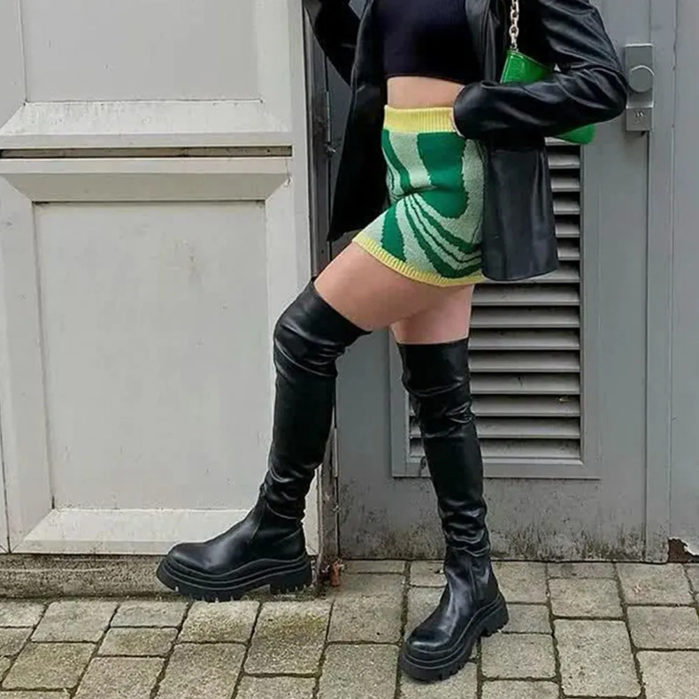 PU Leather Chunky Thigh High Boots Heels/Over The Knee Boots Women Shoes