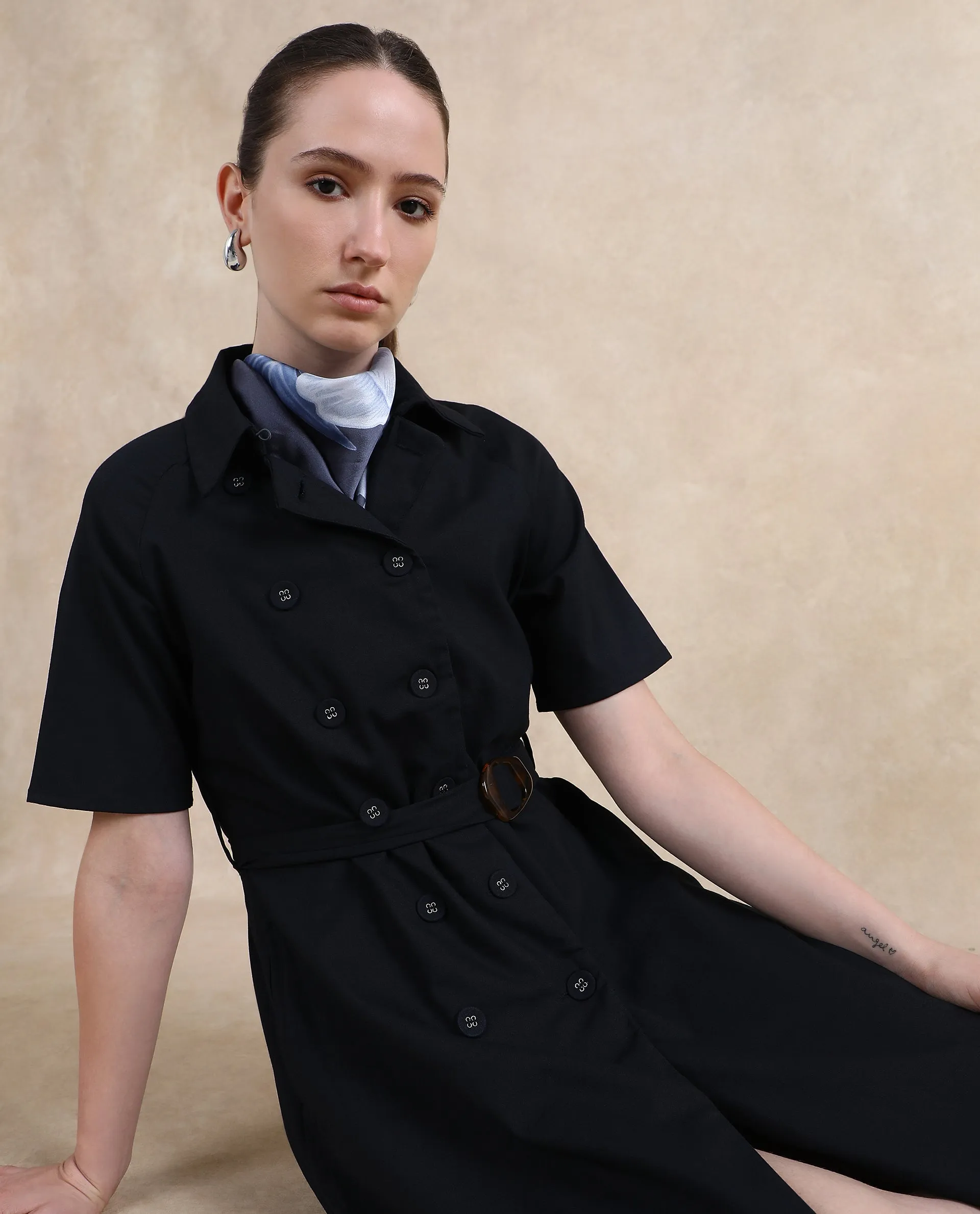 Rareism Women Crypty Navy Regular Sleeves Collared Neck Button Closure A-Line Knee Length Plain Dress