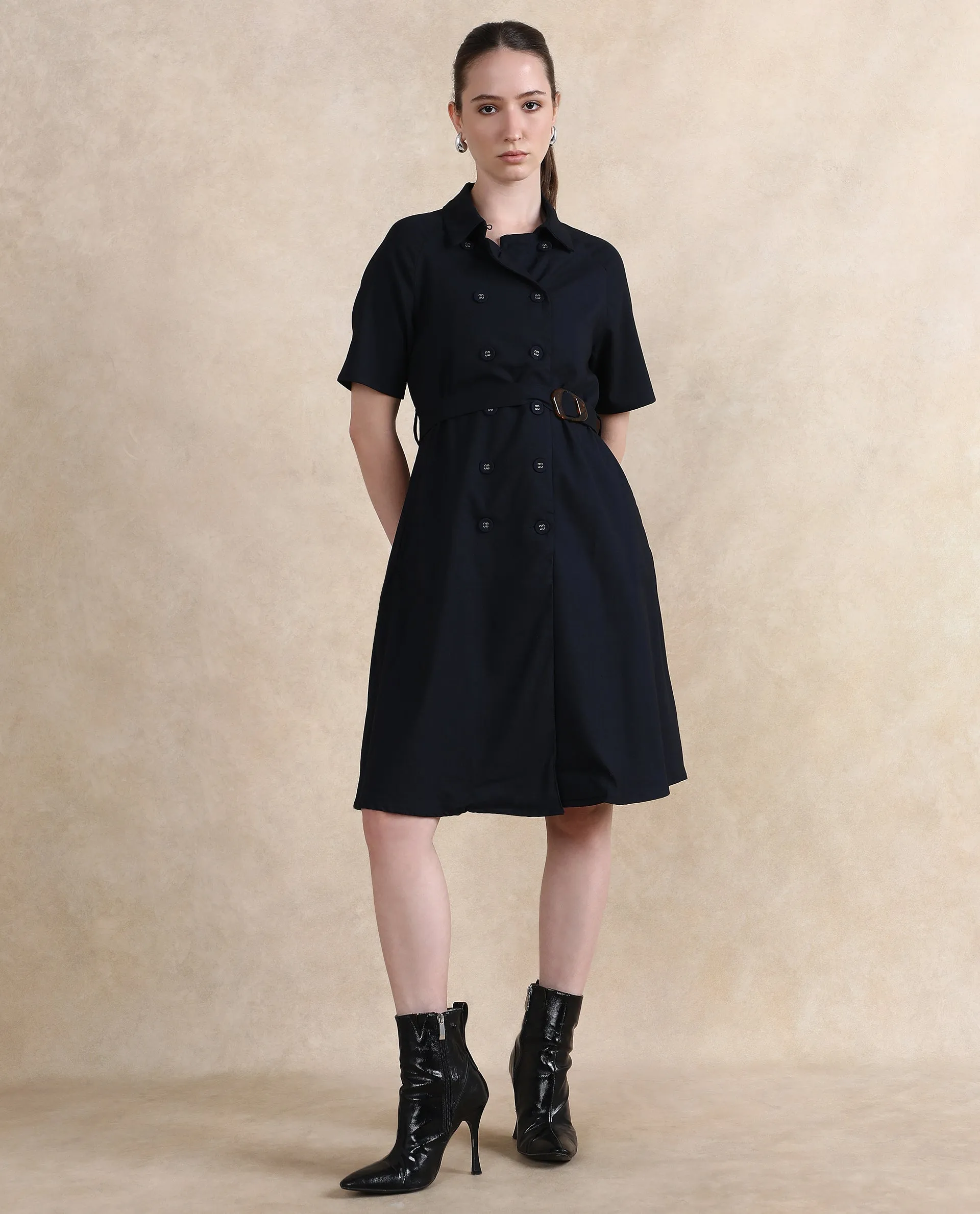 Rareism Women Crypty Navy Regular Sleeves Collared Neck Button Closure A-Line Knee Length Plain Dress