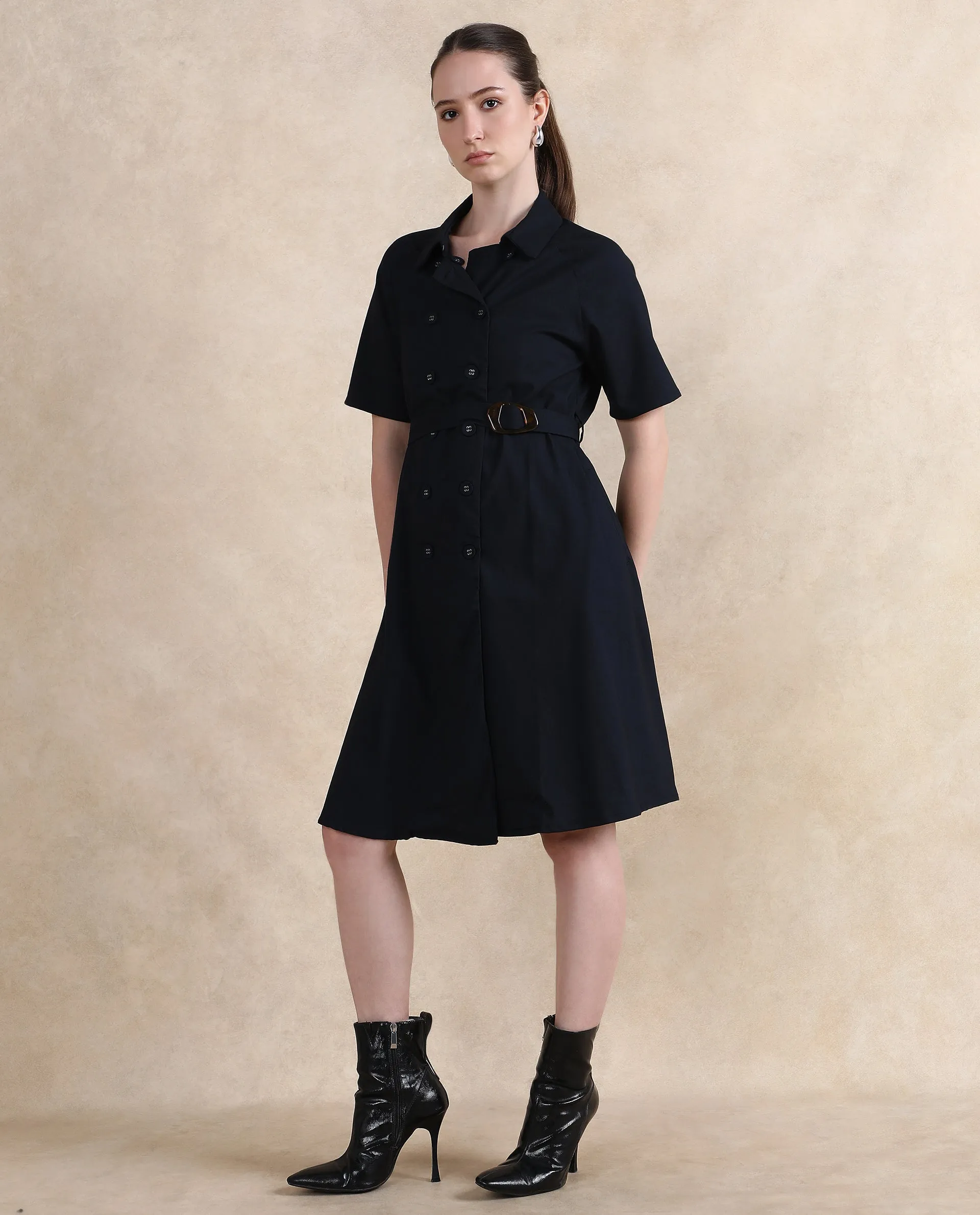 Rareism Women Crypty Navy Regular Sleeves Collared Neck Button Closure A-Line Knee Length Plain Dress