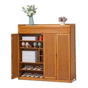 timeless Bamboo 7 Tiers 43 Pairs Shoes Cabinet with Door, Storage Shelf, Brown, for Entryway
