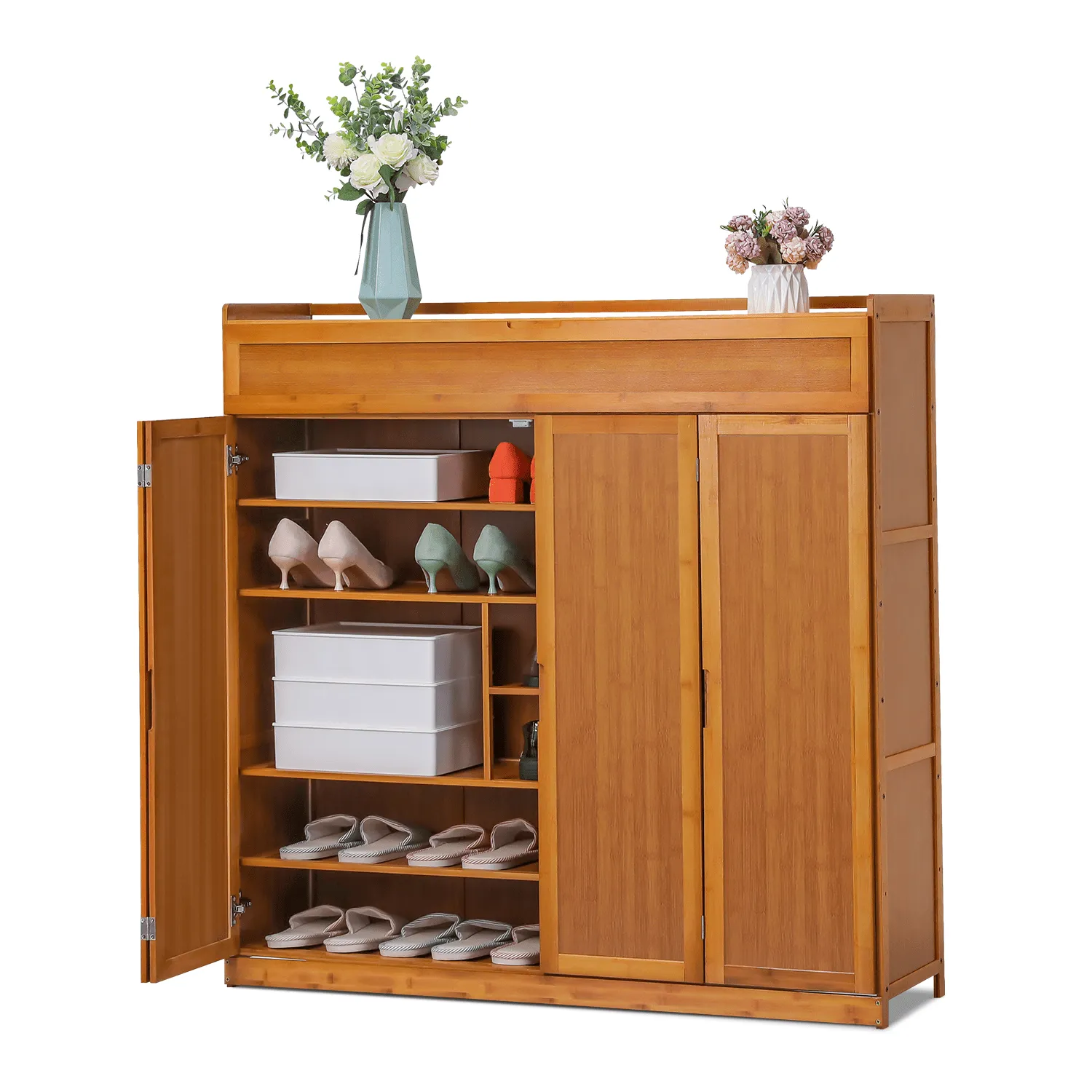 timeless Bamboo 7 Tiers 43 Pairs Shoes Cabinet with Door, Storage Shelf, Brown, for Entryway